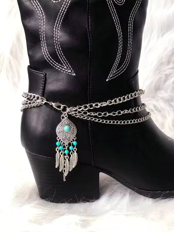 Women's Boho Western Boot Chain - Adorned With Turquoise Beads And Tassel Pendants, Ideal For Music Festivals And Pairing With Cowboy Boots