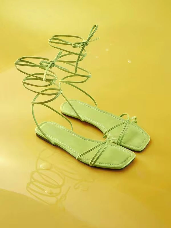 Trivaya Women's Tie-Up Square Toe Woven Casual Flat Sandals,Beach Shoes,Summer Outfits